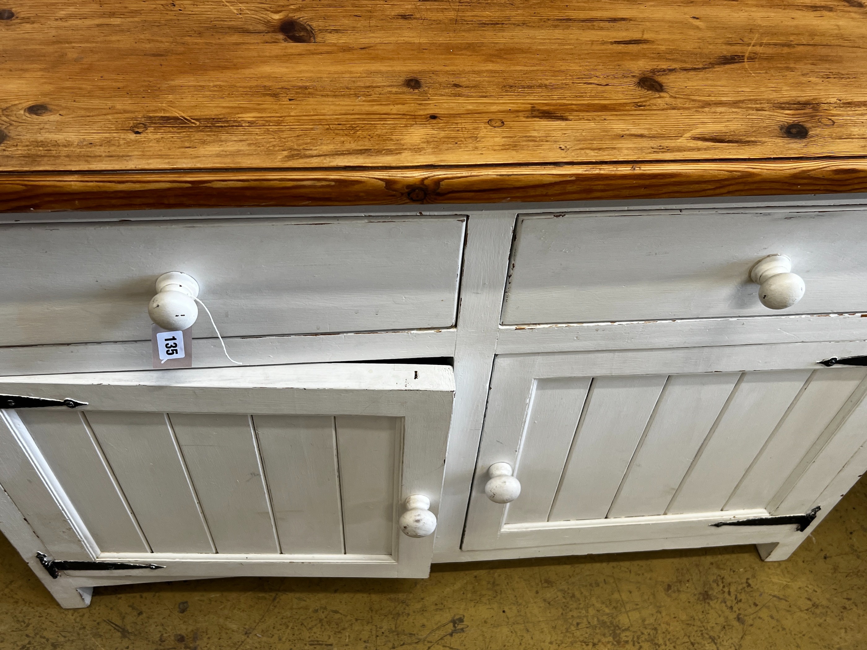 A Victorian style part painted pine dresser with boarded rack, width 122cm, depth 48cm, height 184cm